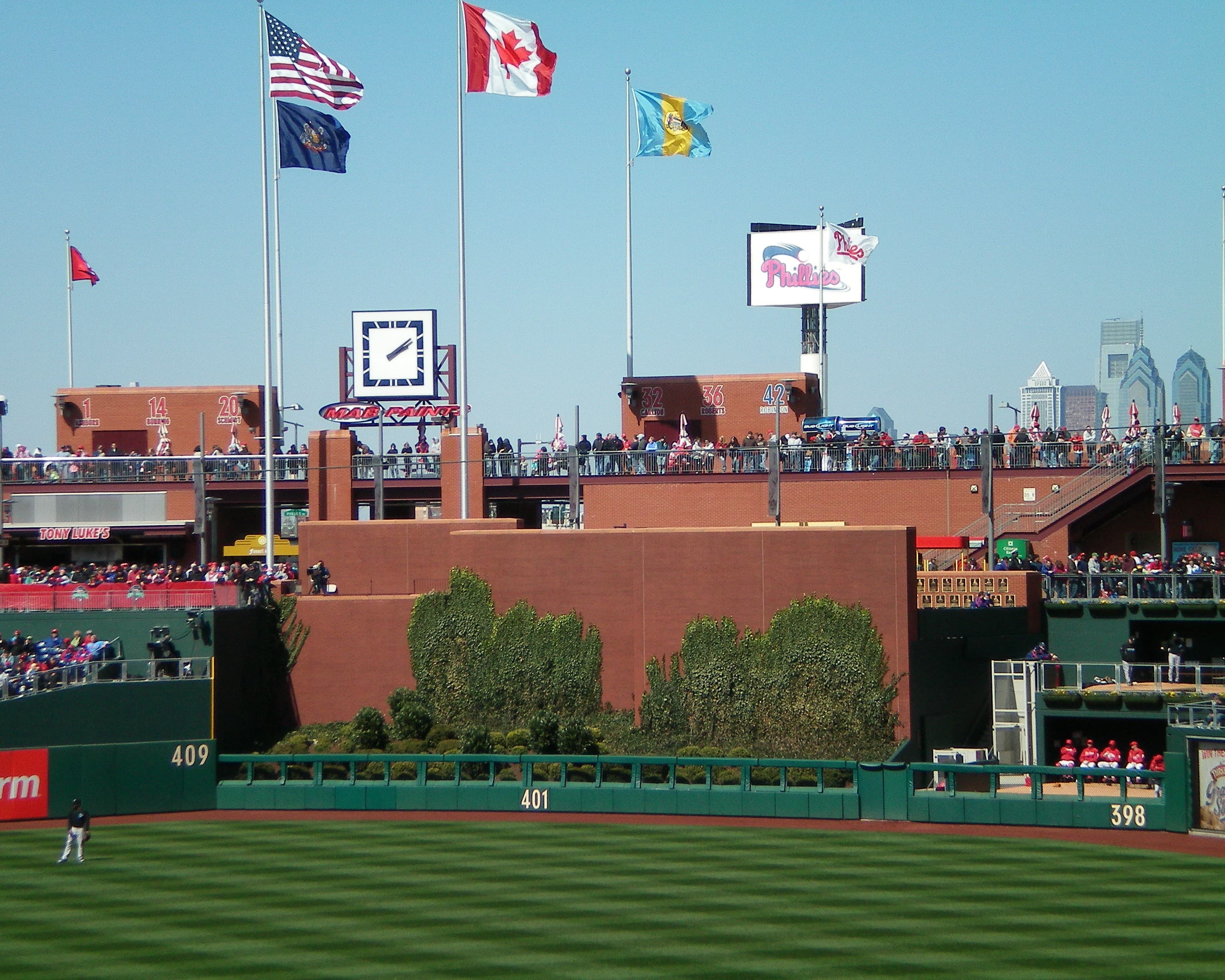Center-field wall and warning track at Citizens Bank Park in Philadelphia