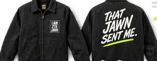 Front and back views of the black THAT JAWN SENT ME work jacket